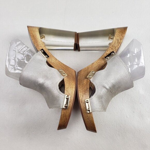 Trina Turk Palm Springs Lucite Heel Womens 9 Silver Wooden Slip On Platform Shoe - Picture 8 of 13